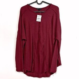 Gibsonlook Mixed Rib Waffle Knit Henley Top In Burgundy Women’s Size M NEW